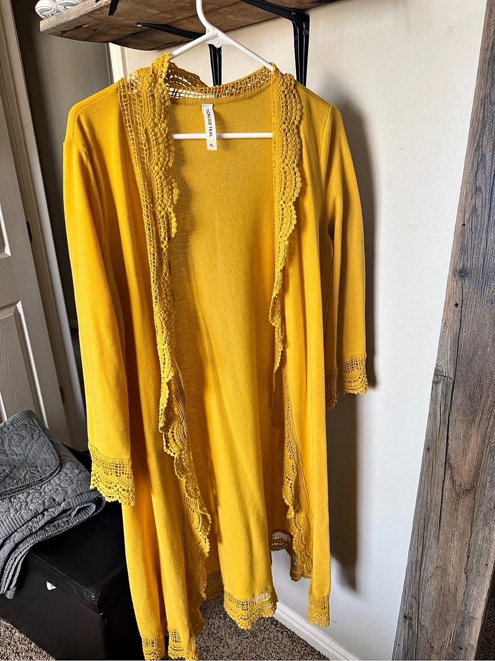 Tickled Teal 3/4 Sleeve Lace Trim Cardigan Yellow XL